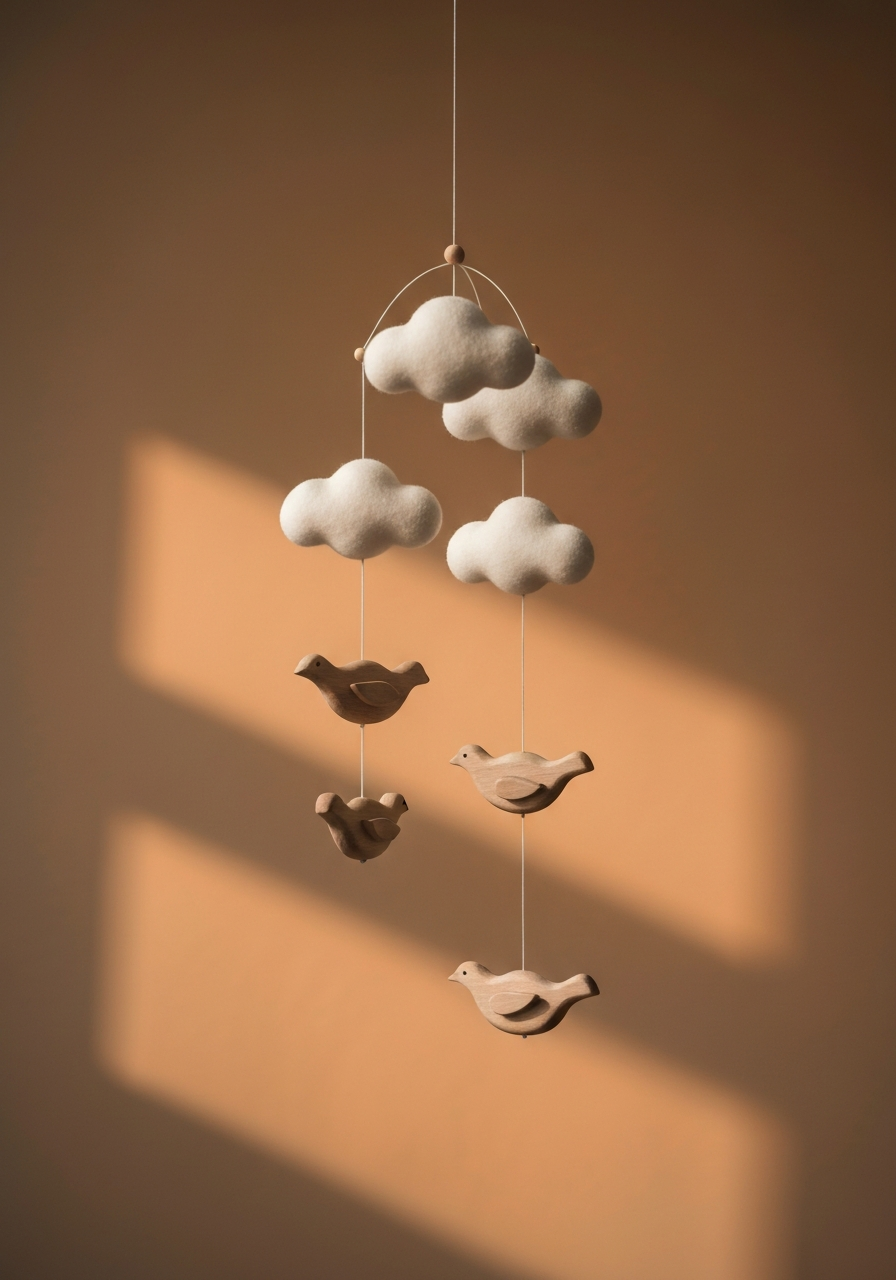 Mobile en bois suspendu avec nuages en feutre et oiseaux sculptés, lumière douce de chambre d'enfant.