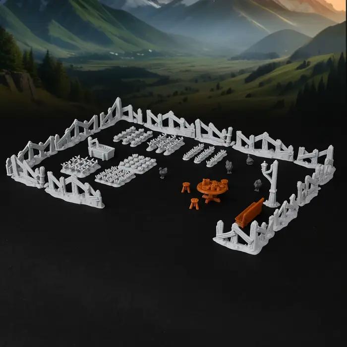 Ensemble de miniatures de terrain de ferme RPG, clôtures, cultures, bétail et zones de repos, essent