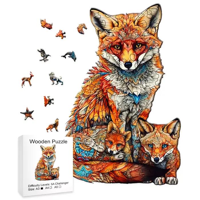 Puzzle en bois de famille de renard chaud, variété créative de formes spéciales, cadeaux créatifs po