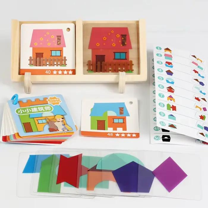 Jeu de Logique de Conception de Maison, Jouets Montessori, Formes Géométriques Créatives, Jeu de Puz