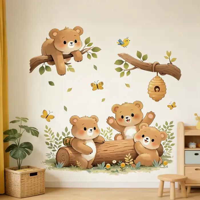 Autocollants muraux autocollants à motif de forêt et d'ours coquins pour porte coulissante, décorati