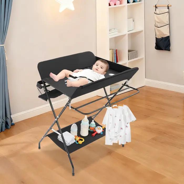 Table à langer pliable pour bébé, avec étagères de rangement, coussin avec échelle de hauteur, grand