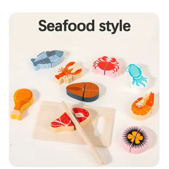 Ensemble de coupe de jeu de simulation en bois-jouet aux fruits/fruits de mer/à thème alimentaire po