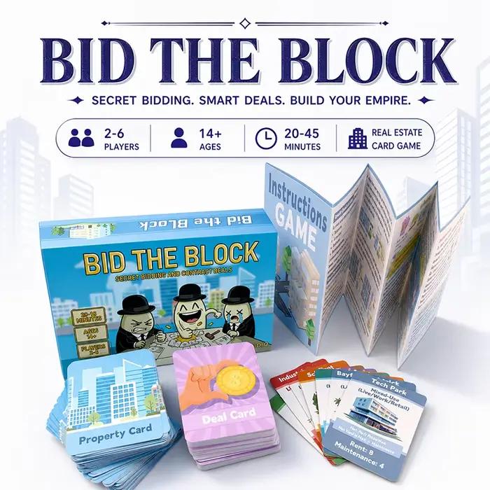 Jeu de cartes Bid the Block Real Estate pour 2 à 6 joueurs, enchères secrètes, cartes immobilières, 