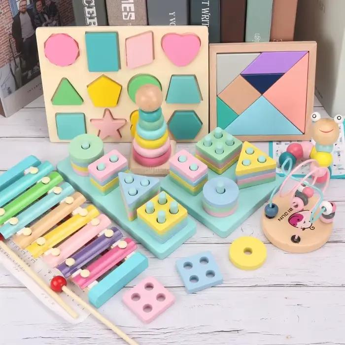Jouets en bois Montessori pour enfants, blocs Macaron, jouet d'apprentissage, hochets de musique pou