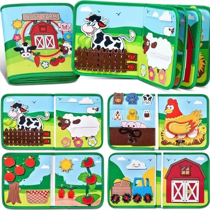 Jouets Montessori pour tout-petits, histoire d'animaux de ferme, livre en tissu occupé, apprentissag