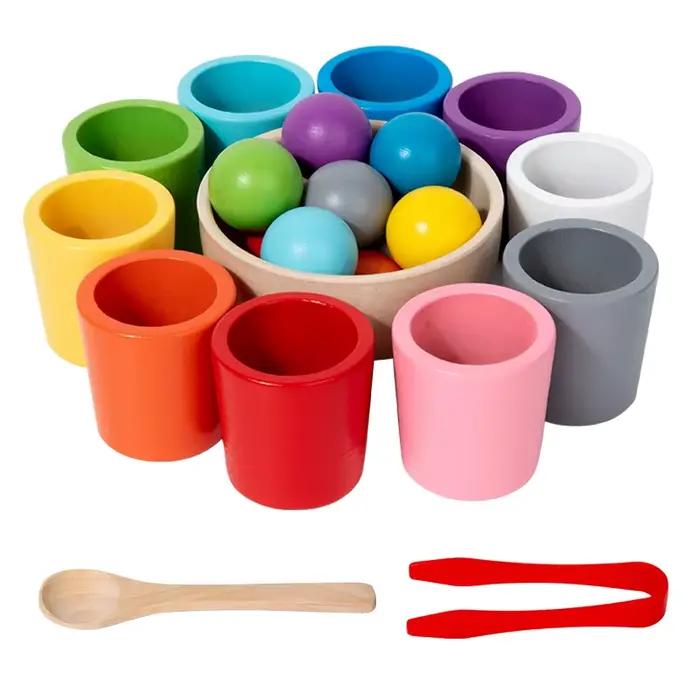 Jouet en bois Montessori, tasses de couleurs assorties, tri, jeu de Cognition, formation, éducation 