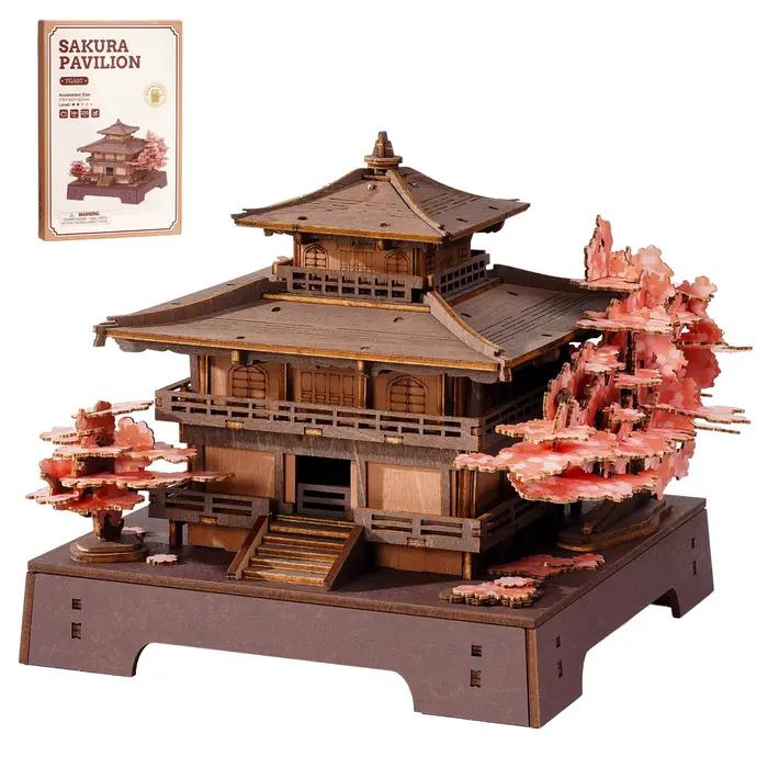 Robotime Sakura Pavilion, puzzle en bois 3D, adapté aux débutants, miniature japonaise avec balcon, 