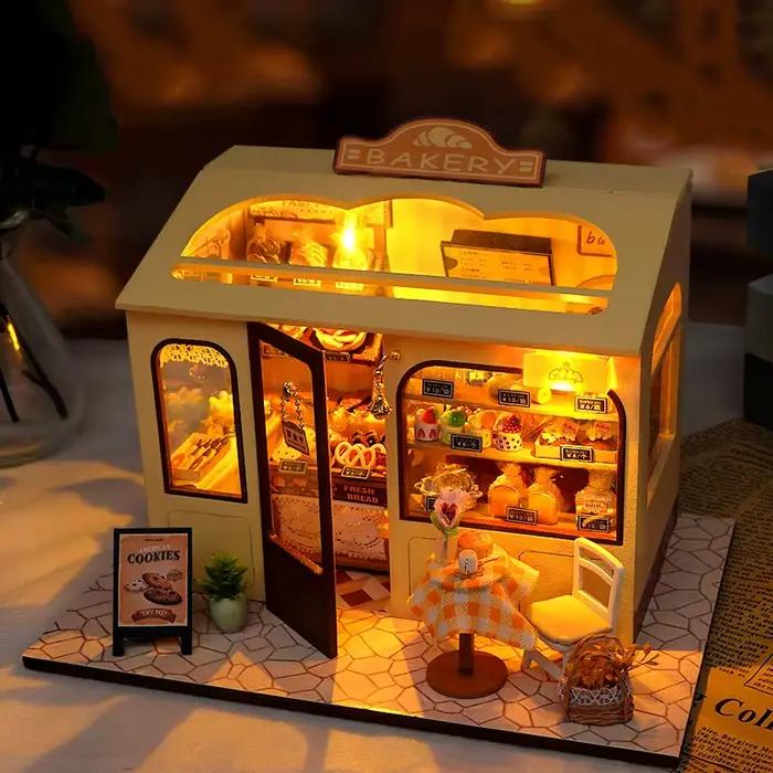 Kits de construction miniatures en bois, bricolage, boulangerie, Cottage, maisons de poupées avec me