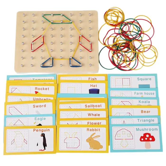 Jouets Montessori en bois - Géobord pour enfants de 4, 5 et 6 ans avec cartes de motifs et élastique