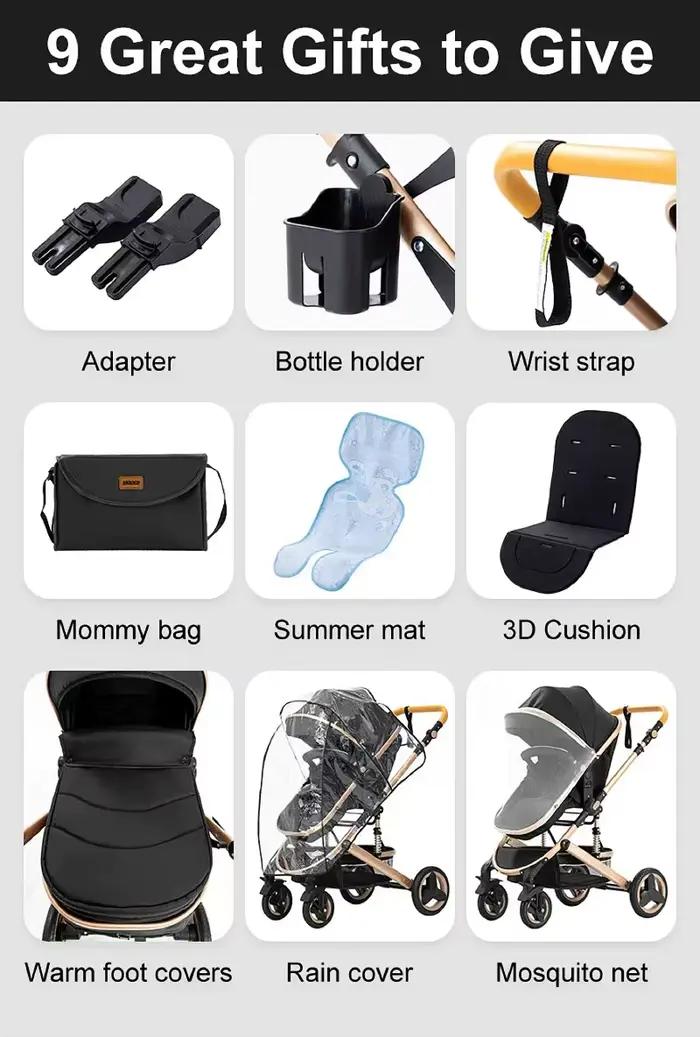 Poussette Bébé Luxe 3-en-1 Portable, Landau de Voyage Pliant, Cadre en Aluminium, Siège Élevé pour N