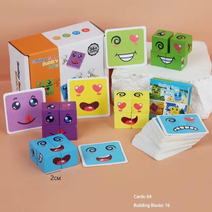 Blocs de construction en bois pour enfants, quatre personnes, bataille, visage changeant, Expression