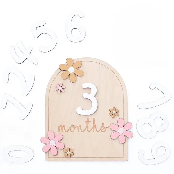 Cartes de jalon mensuelles en bois pour bébé, fleurs, Double face, numéro, mois, filles et garçons, 