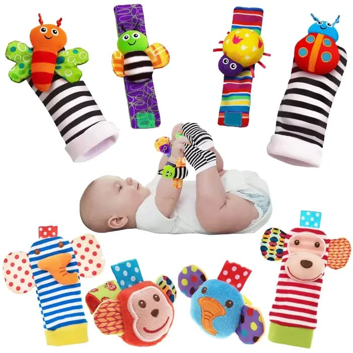 Hochet pour bébé de 0 à 24 mois, 4 pièces, animaux en peluche mignons, hochet de poignet, chaussette