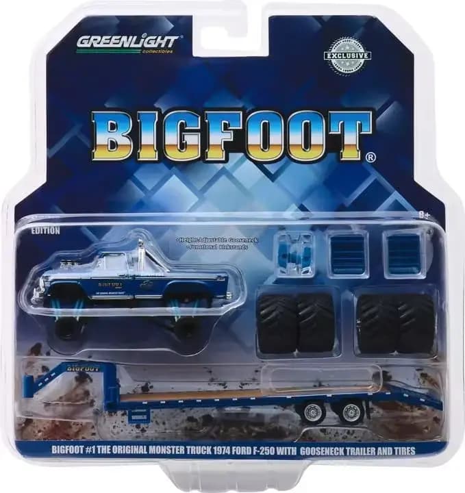 GreenLight 1:64 Bigfoot # Le Monster Truck original de 1974, Ford F-250 avec remorque à col de cygne