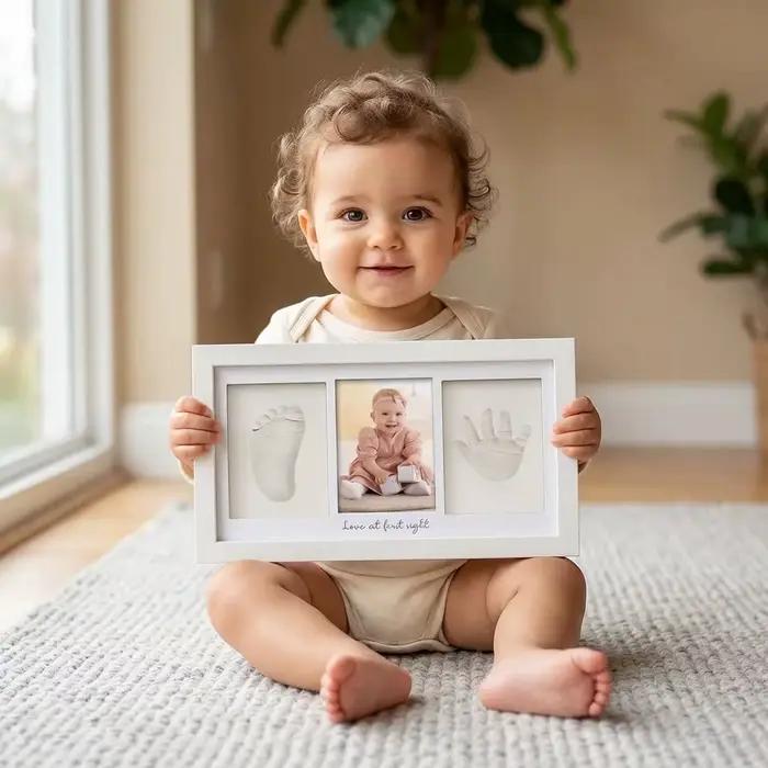 Kit d'argile pour empreintes de mains de bébé, cadre photo souvenir pour nouveau-né avec vitrine pou