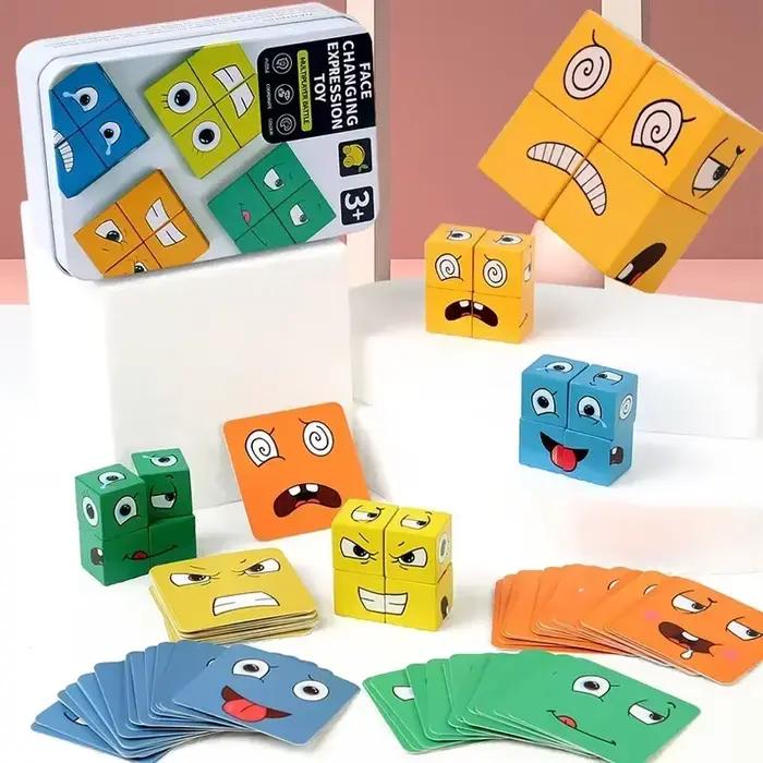 Cube visage changeant bois Puzzle blocs de construction jeu de société Montessori Expression blocs e