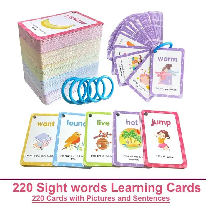 Cartes flash de 220 mots de vue avec images et phrases, 5 niveaux de mots à haute fréquence, dévelop