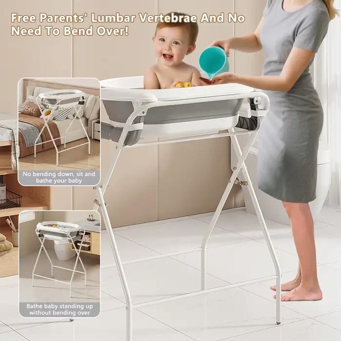 Baignoire bébé 3 en 1 avec support, baignoire pliable pour bébé de la naissance à la petite enfance 
