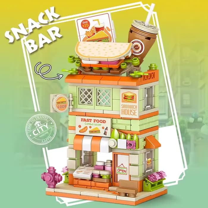 Blocs de construction de ville, magasin de thé à bulles, magasin de sandwichs, maison de desserts, e