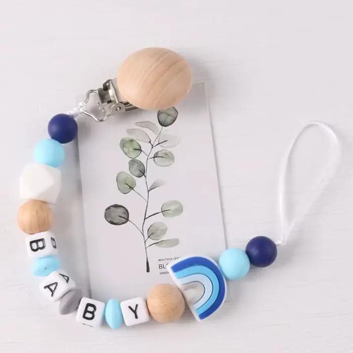 Chaîne de sucette en silicone avec clip en hêtre, produits pour bébés