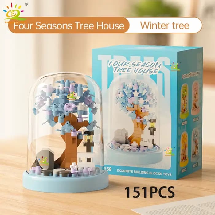 HUIQIBAO MOC Mini maison dans les arbres quatre saisons avec boîte d'affichage modèle Micro bloc de 