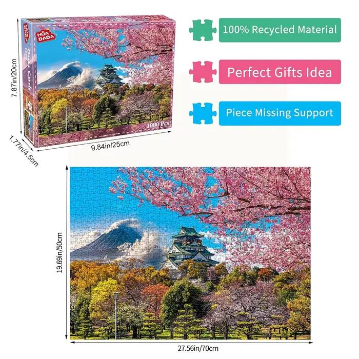 Puzzles 1000 pièces pour adultes fleurs de cerisier dans le château Osaka, puzzle japonais jeux éduc