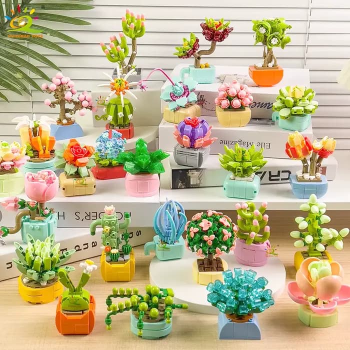 HUIQIBAO MOC fleur succulente en pot modèle bloc de construction bricolage Bouquet éternel maison bu
