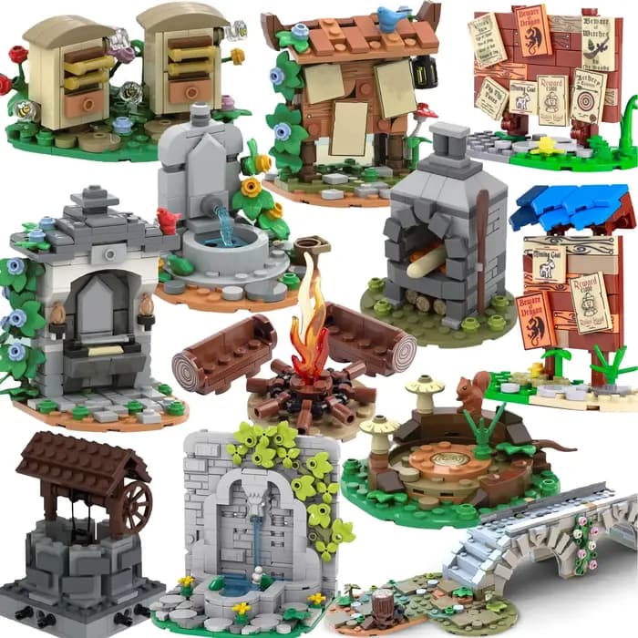 MOC – blocs de construction de tableau d'affichage, fontaine de ferme d'abeilles, poêle de feu de jo