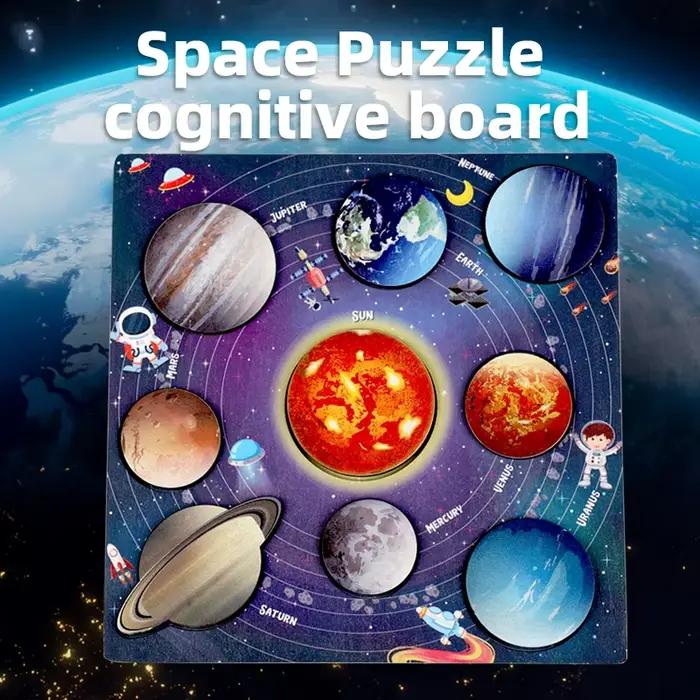 Puzzle planète spatiale en bois pour enfants, système solaire, jouets planètes, jeu assorti, plateau