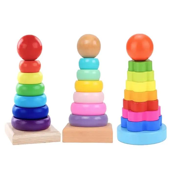 Empileur arc-en-ciel, anneau en bois, jouet éducatif, tour pour enfants, blocs empilables, jeu de co