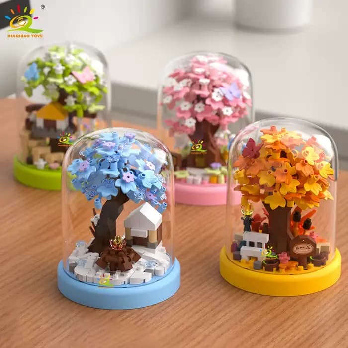 HUIQIBAO MOC Mini maison dans les arbres quatre saisons avec boîte d'affichage modèle Micro bloc de 