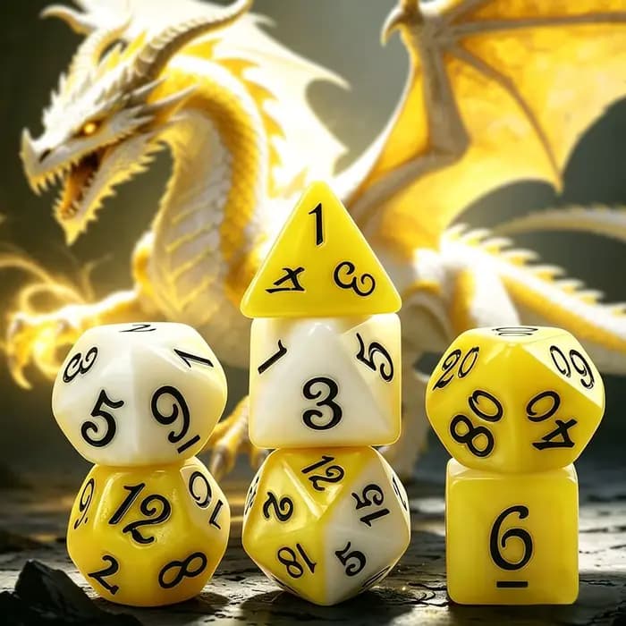 Ensemble de 7 dés jaunes et blancs - Dés polyédriques pour jeux de rôle D&D Dungeons and Dragons, ac