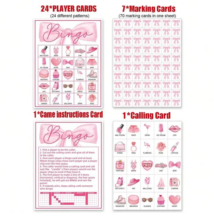 Cartes de jeu de bingo pour fête d'anniversaire avec nœud rose, jeux d'anniversaire rose vif pour 24
