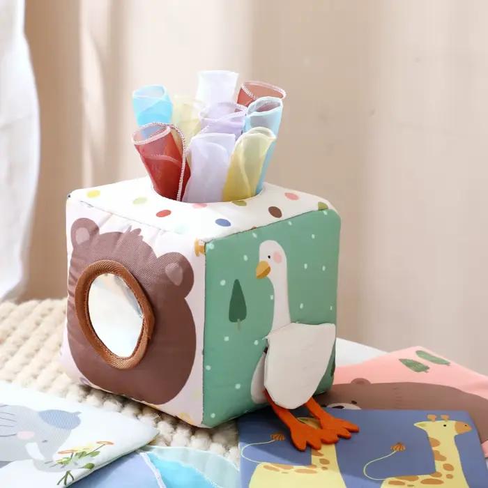 Jouet sensoriel Montessori pour bébé, boîte à mouchoirs, 0-12 mois, cube en tissu doux en coton avec