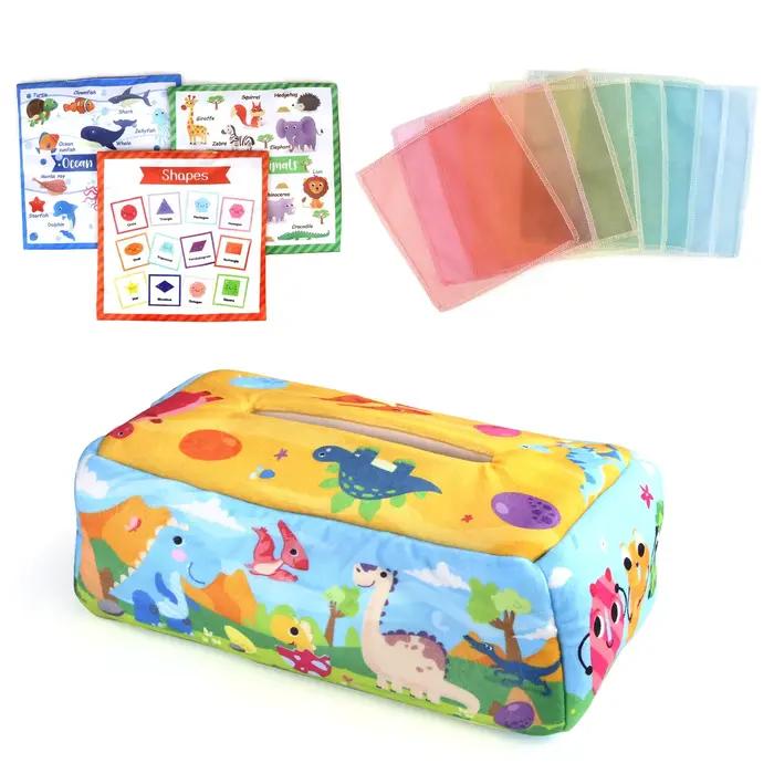 Boîte à mouchoirs pour bébé de 0 à 18 mois, jouet sensoriel doux et coloré, exercice des doigts, pom