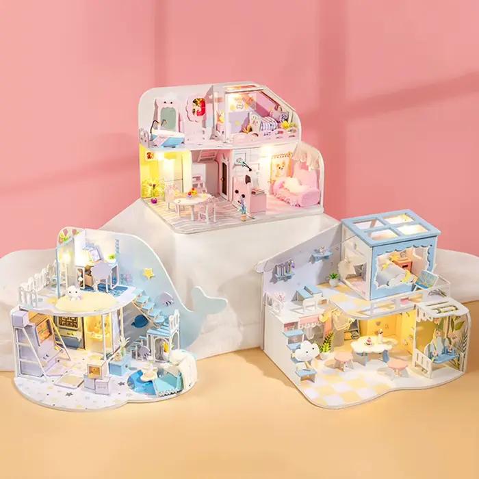Maison de poupée en bois pour enfants, bricolage, maison Miniature de princesse Kawaii avec Kits de 