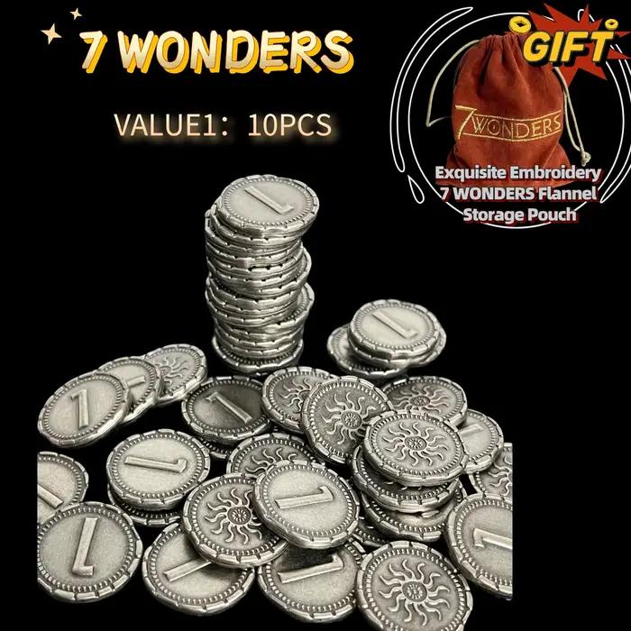 Accessoire de jeu de société : 7 Wonders DIY, pièces de monnaie en métal, pochette en velours, 10/31