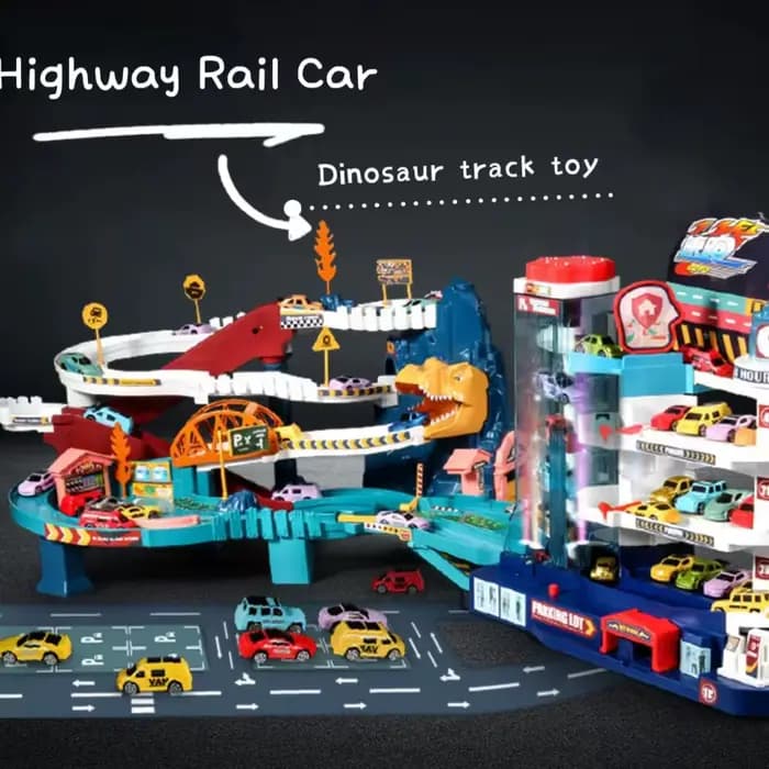 Voiture sur Rail électrique dinosaure bâtiment Parking aventure course voiture sur Rail jouets enfan