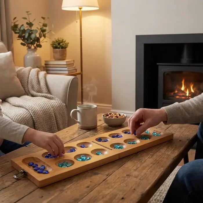 Ensemble de jeu de société Mancala en bois – Plateau de jeu pliant avec pierres de verre bicolores – Jeu de stratégie