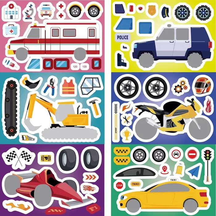 8/16/24 pièces camion de pompier Ambulance Puzzle autocollants cadeaux décoration bricolage décalcomanie moto pelle diverses combinaisons de véhicules