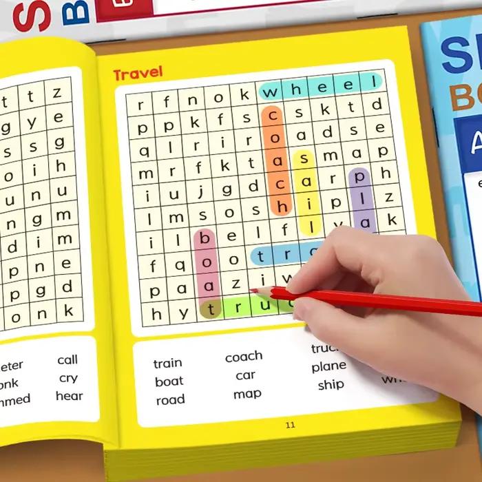 Grand livre de jeux de mots à chercher pour l'orthographe élémentaire, puzzle amusant pour trouver des mots pour les enfants, jeux de grilles de lettres cachées avec de nouveaux mots importants