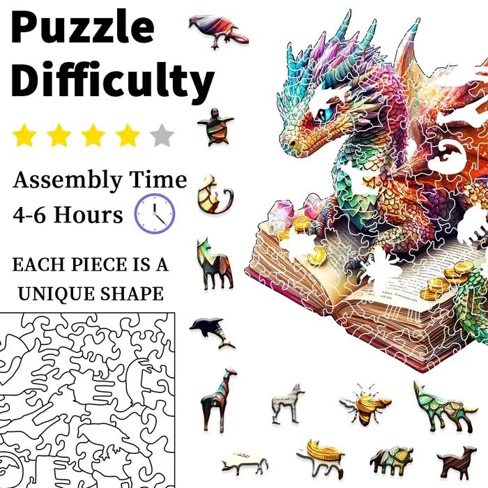 Puzzle en bois de Dragon couché sur un livre-défi formes d'animaux irrégulières