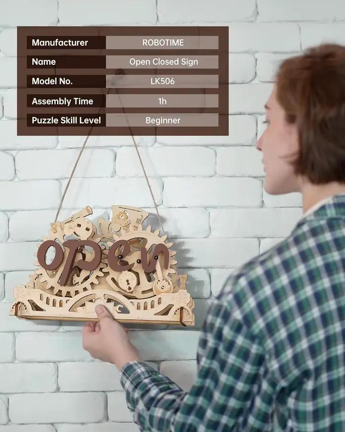 Kits de modèles 3D en bois Robotime, kits mécaniques de signalisation ouverte/fermée, puzzle en bois, cadeau créatif pour les entreprises et les magasins, pour adultes