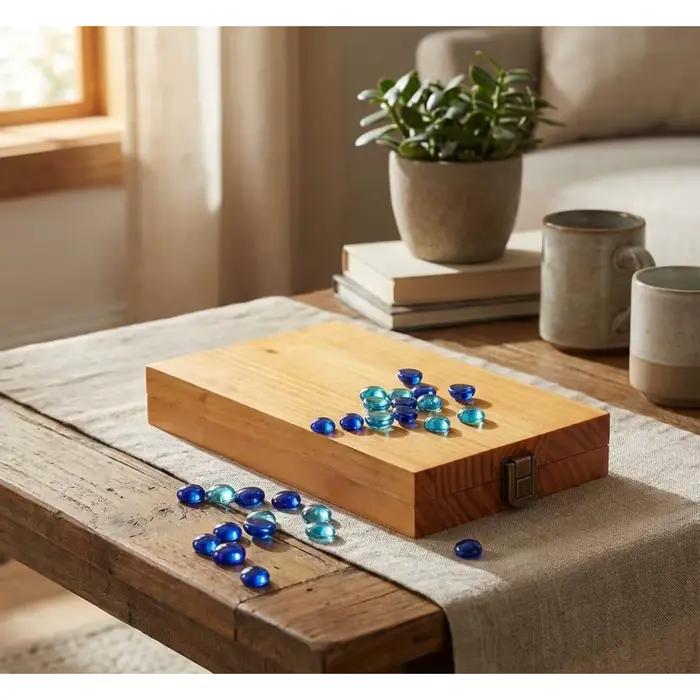 Ensemble de jeu de société Mancala en bois – Plateau de jeu pliant avec pierres de verre bicolores – Jeu de stratégie