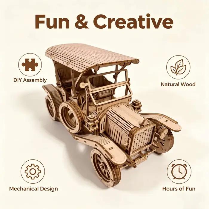 Kit de modèle de puzzle en bois 3D de voiture classique vintage | Kit de construction de véhicules rétro à assembler