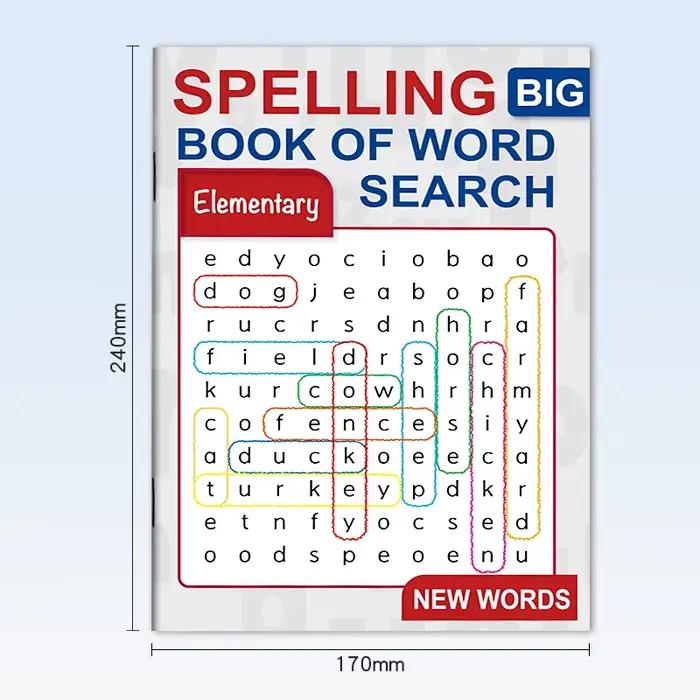 Grand livre de jeux de mots à chercher pour l'orthographe élémentaire, puzzle amusant pour trouver des mots pour les enfants, jeux de grilles de lettres cachées avec de nouveaux mots importants