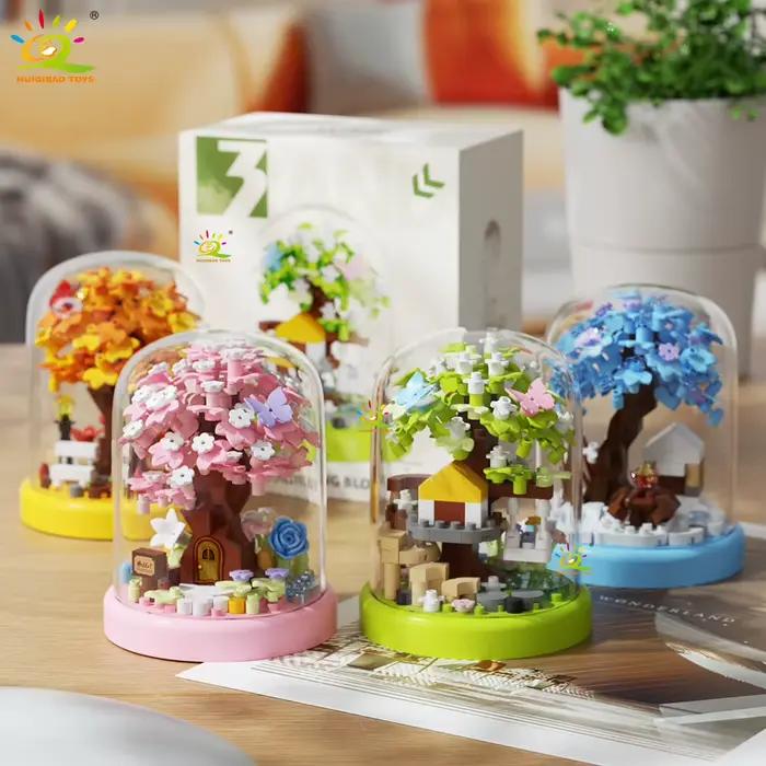 HUIQIBAO MOC Mini maison dans les arbres quatre saisons avec boîte d'affichage modèle Micro bloc de construction diamant