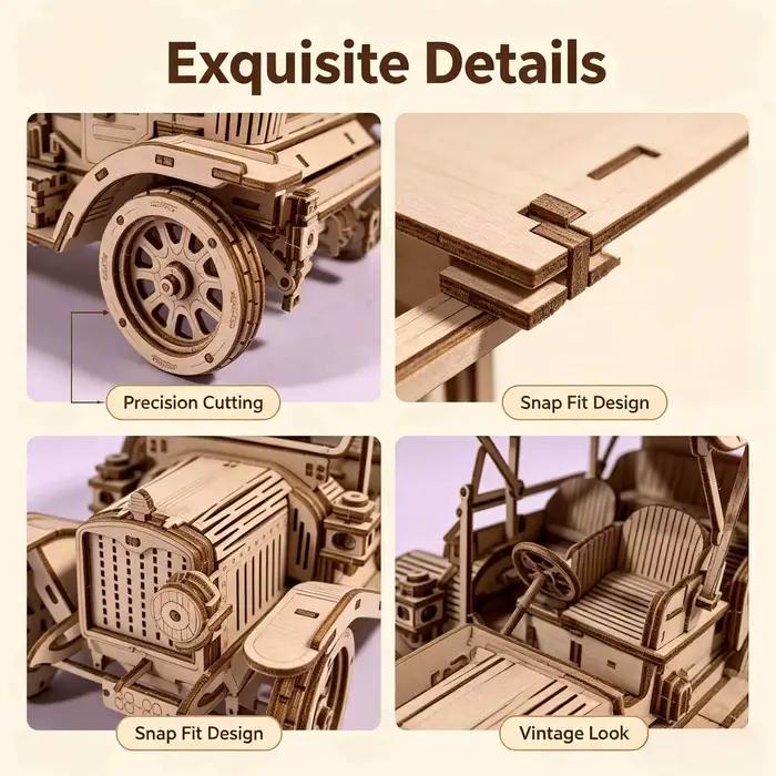 Kit de modèle de puzzle en bois 3D de voiture classique vintage | Kit de construction de véhicules rétro à assembler