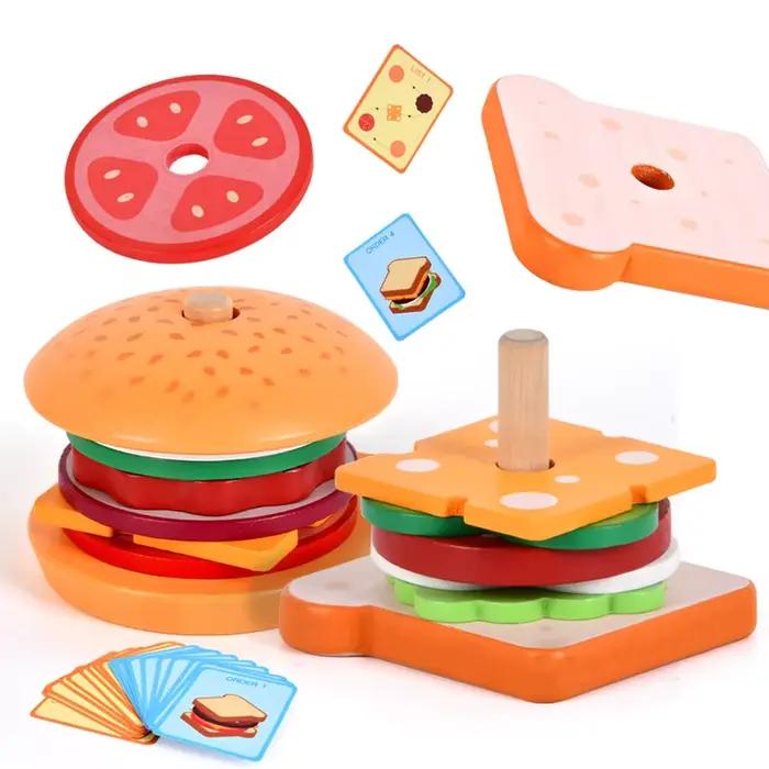 Jouet Montessori Sandwich à Hamburger en Bois Frites Tri Empilable Jeu Simulation Apprentissage Préscolaire Occasions Spéciales